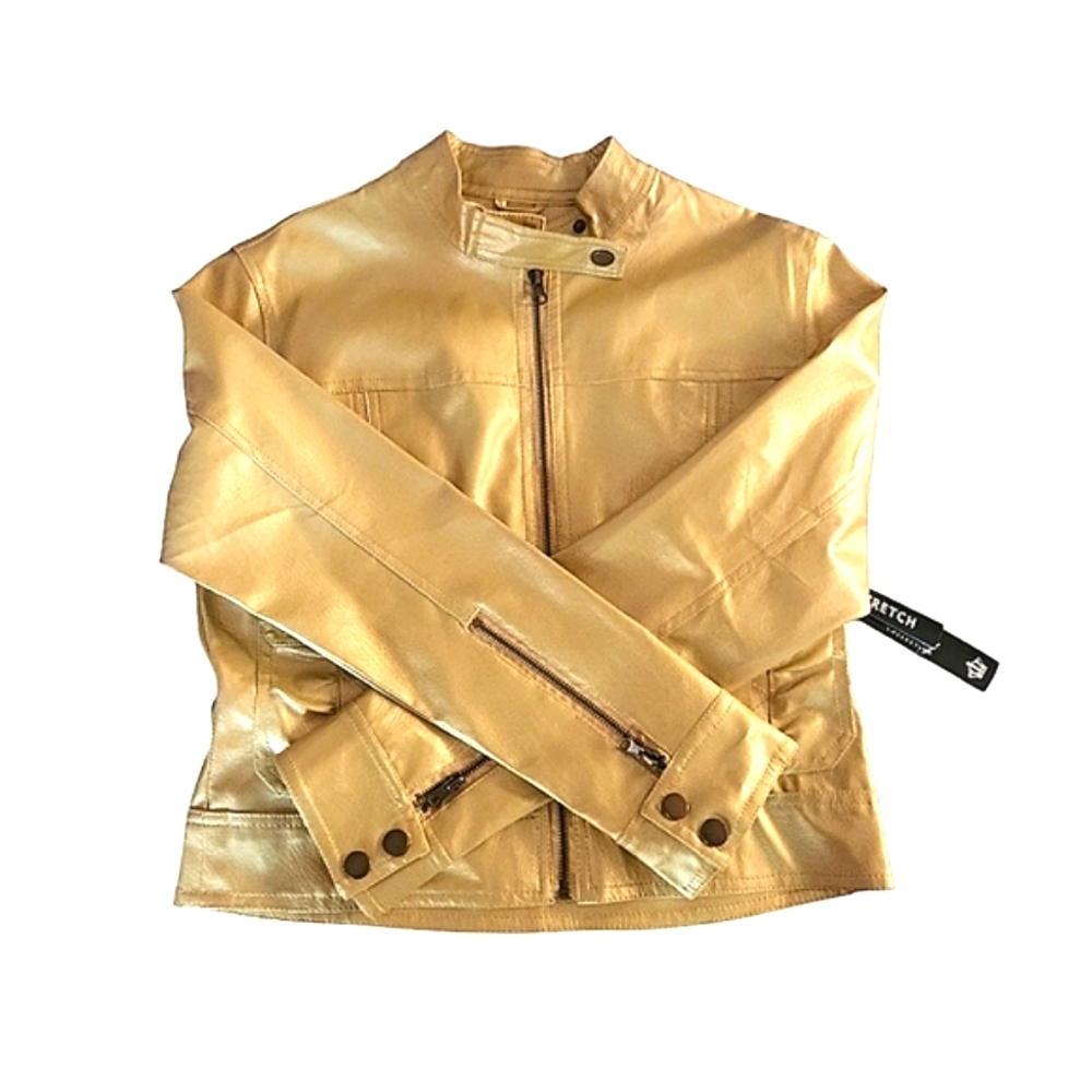 The Liberty Collection Women's Vegan Zip Up Leather Solid Gold Jacket - Picture 3 of 16